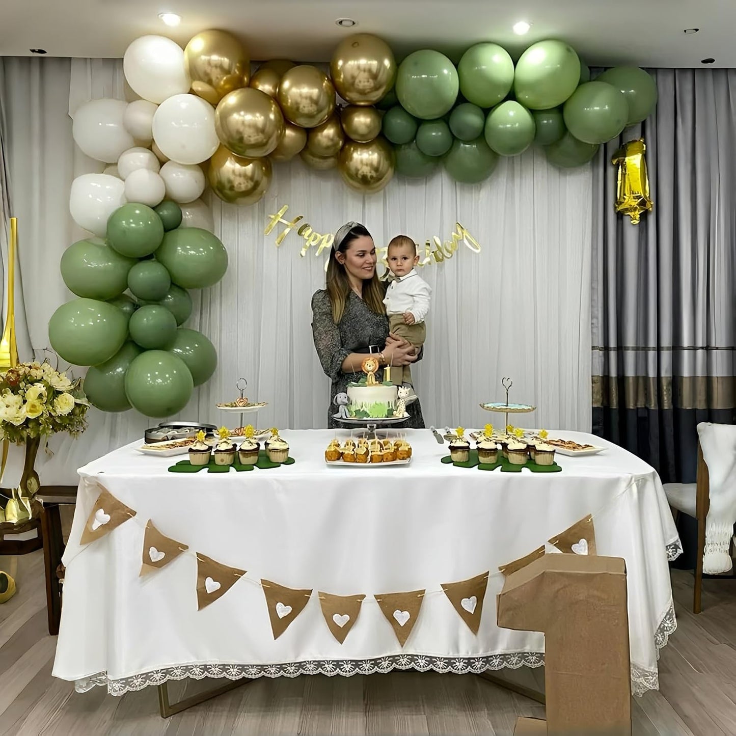 Sage Green and Gold Balloons, 12 Inch Olive Green White Metallic Gold Confetti Latex Balloons Set, Retro Green Gold Balloons for Girls Women Birthday Wedding Jungle Baby Shower Party Decorations