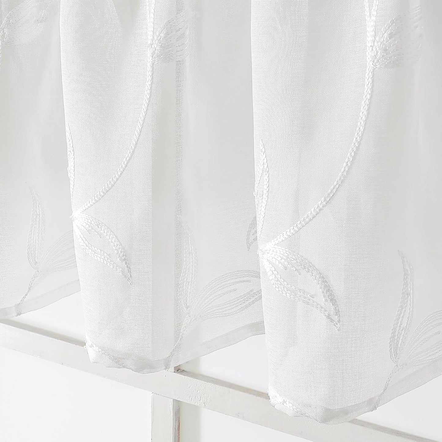 VISIONTEX Sheer Voile Curtain Valances, Decorative Leaves Embroidered, Rod Pocket Window Treatment for Kitchen/Rustic Bedroom/Living Room (54 x 16 Inch,1 Panel)
