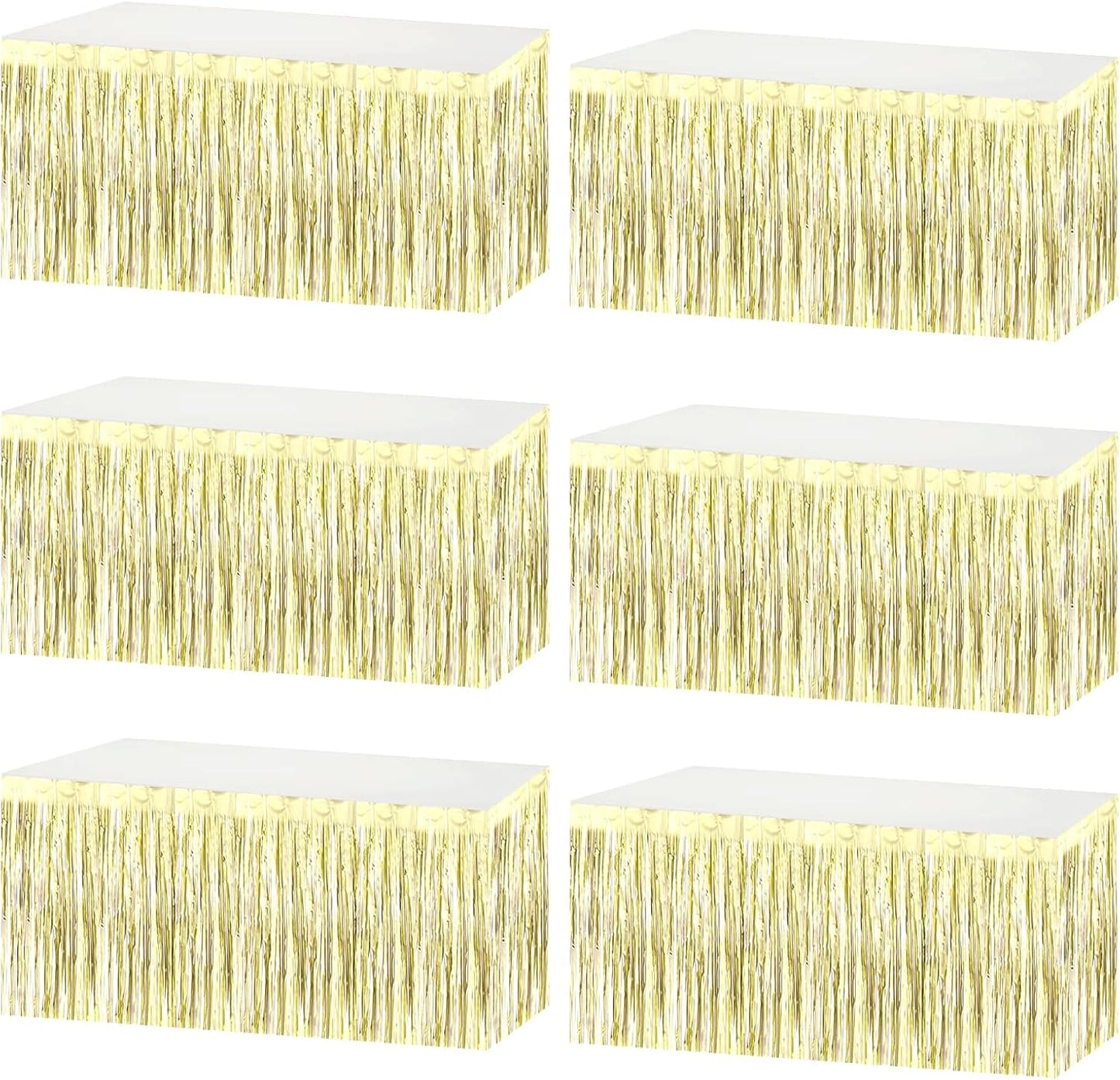 6 Pack 29x108 Inch Metallic Foil Fringe Tinsel Table Skirts Banner for Rectangle Tables Streamer Garland Backdrop for Wedding, Birthday, Parade Floats, Christmas Party Decoration(Light Gold)