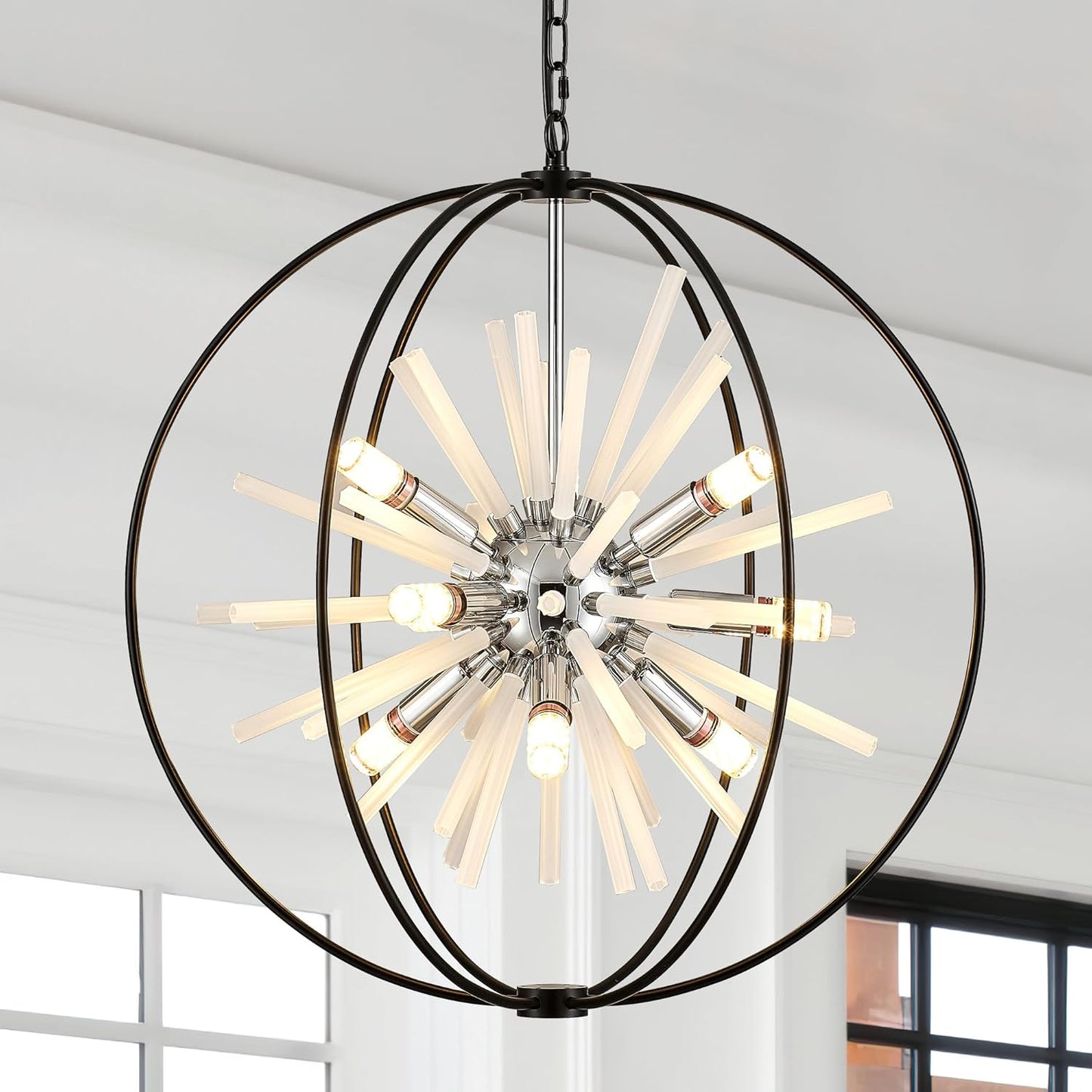 23.6" Black Chrome 12-Light Globe Sputnik Chandelier Modern Adjustable Hanging Ceiling Glass Tube Pendant Light Fixture for Entryway Foyer Staircase Dining Living Room Hallway