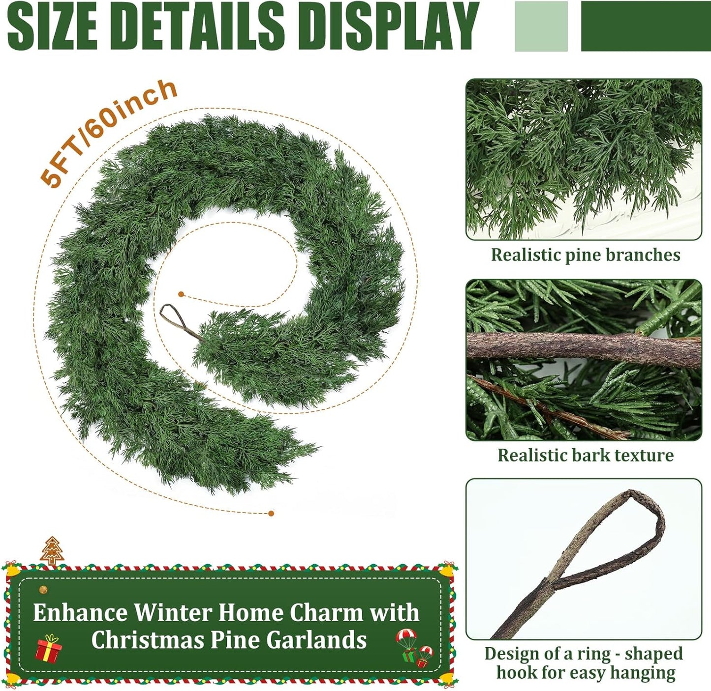 5ft Christmas Cedar Garland, Real Touch Pine Garland, Realistic Cypress Garlands Christmas Decorations for Mantel, Table, Stairs, Porch - Indoor Outdoor Xmas Holiday Decor