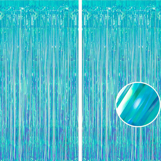 BRAVESHINE Party Decorations Iridescent Foil Fringe Backdrop - 2 Packs 3.2 x 6.5 ft Holographic Tinsel Backdrop Party Streamers Curtain for Birthdays Mermaid Sea Frozen Christmas Parties - Clear Blue