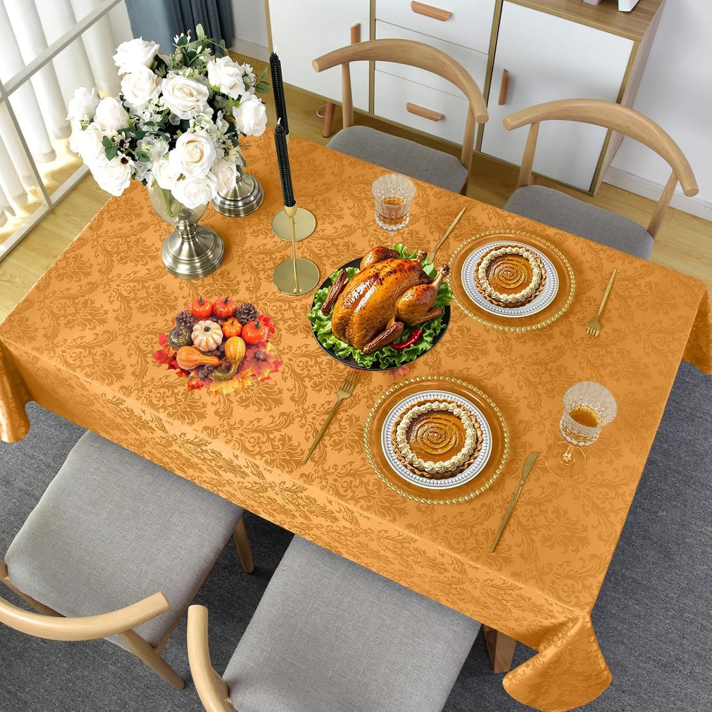 SASTYBALE Amber Rectangle Jacquard Tablecloth, Spill Wrinkle Proof Damask Table Cloth for Rectangle Tables, Rectangular Harvest Fall Inddor Outdoor Tablecloths, 52 x 70 Inch Amber