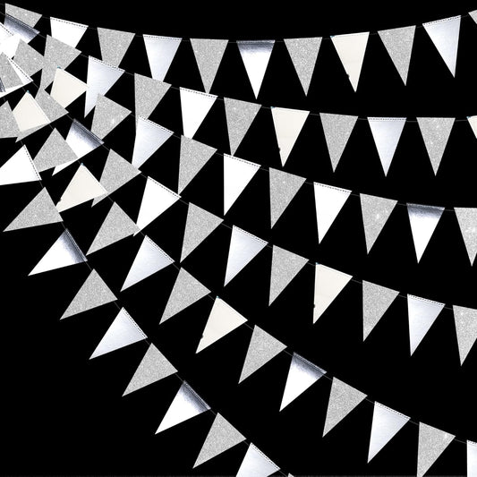 30 Ft Silver Party Decorations Glitter Metallic Paper Triangle Banner Flag Garland Pennant Bunting for Graduation Wedding Engagement Anniversary Bachelorette Birthday Baby Bridal Shower Party Supplies