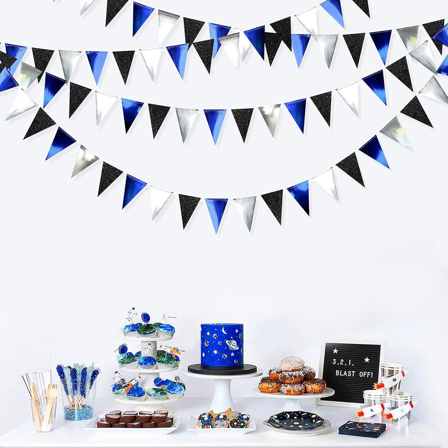 30Ft Navy Blue Black and Silver Party Decorations Royal Blue Triangle Flag Pennant Banner Bunting for Graduation Birthday Wedding Bridal Shower Nautical Ahoy Achor Theme Party Decorations Supplies