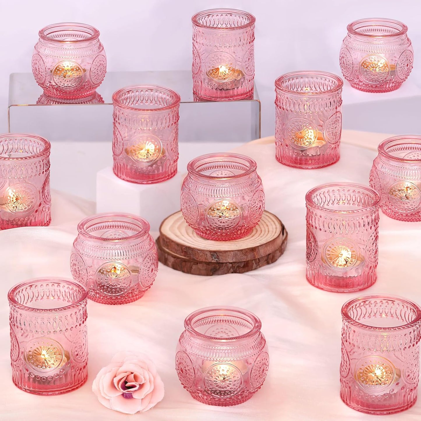DARJEN 24Pcs Pink Votive Candle Holders- Glass Candle Holders Bulk for Flameless LED Tea Waxes, Romantic Candle Holder for Wedding Decor, Various Parties & Dinner Table