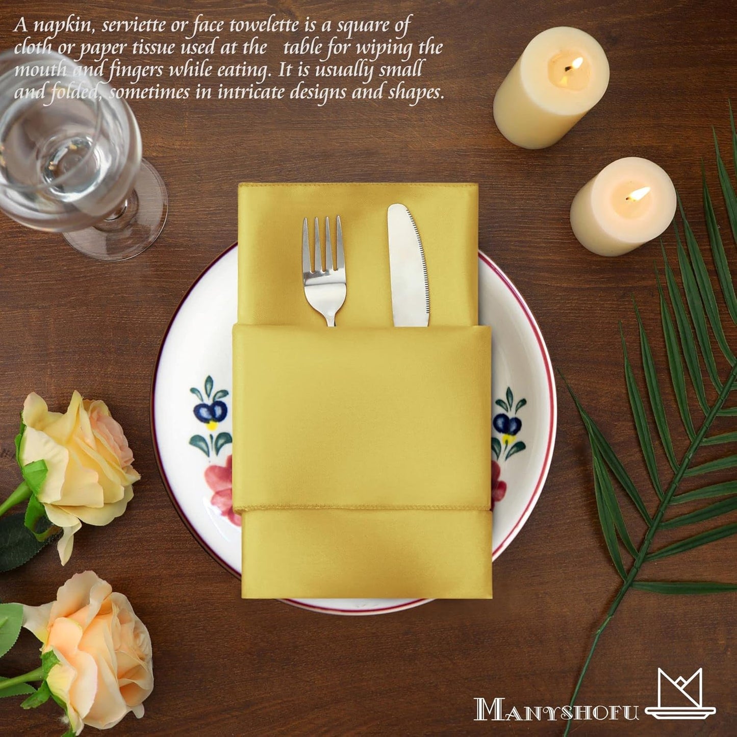 Manyshofu 50 Pieces Yellow Gold Satin Napkins - 12x12 Inches Cloth Napkins, Square Satin Fabric Napkin Set - Soft & Smooth Table Napkins for Wedding Dinner Party Lunch Banquet Restaurant Decoration