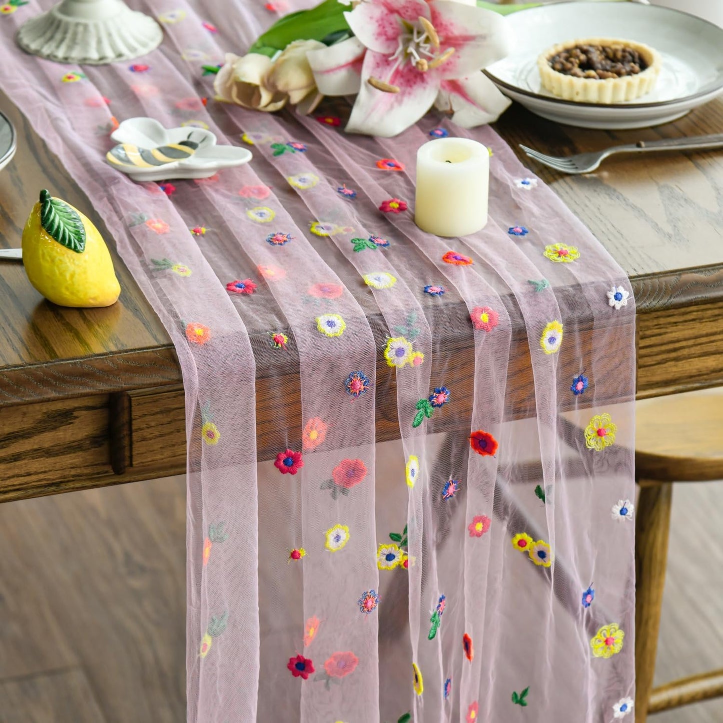 Artoid Mode Pink Embroidery Daisy Gauze Table Runner 120 Inch 10FT, Seasonal Sheer Kitchen Dining Holiday Wedding Birthday Table Decor for Home Party