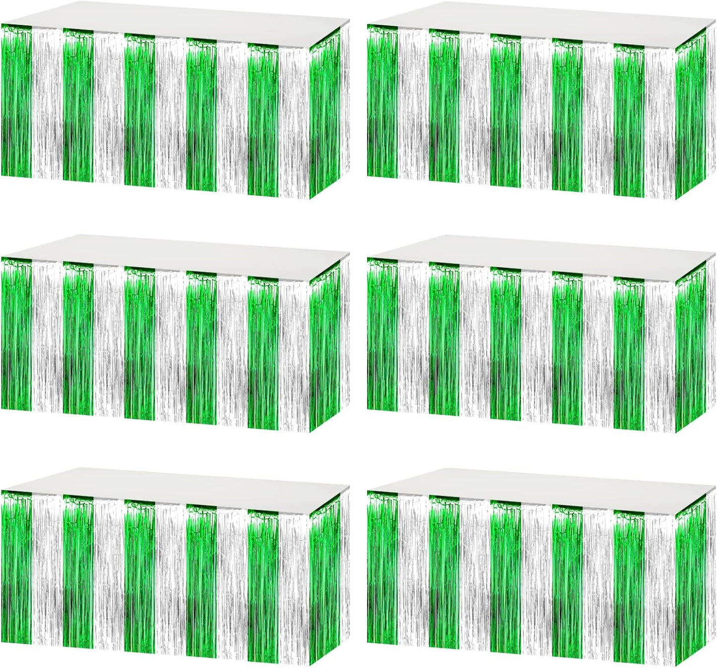 6 Pack 29x108 Inch Silver Green Metallic Foil Fringe Tinsel Table Skirts for Rectangle Tables Streamer Curtains Backdrop for Birthday, Parade Floats, Mardi Gras, St Patrick Day Party Decoration