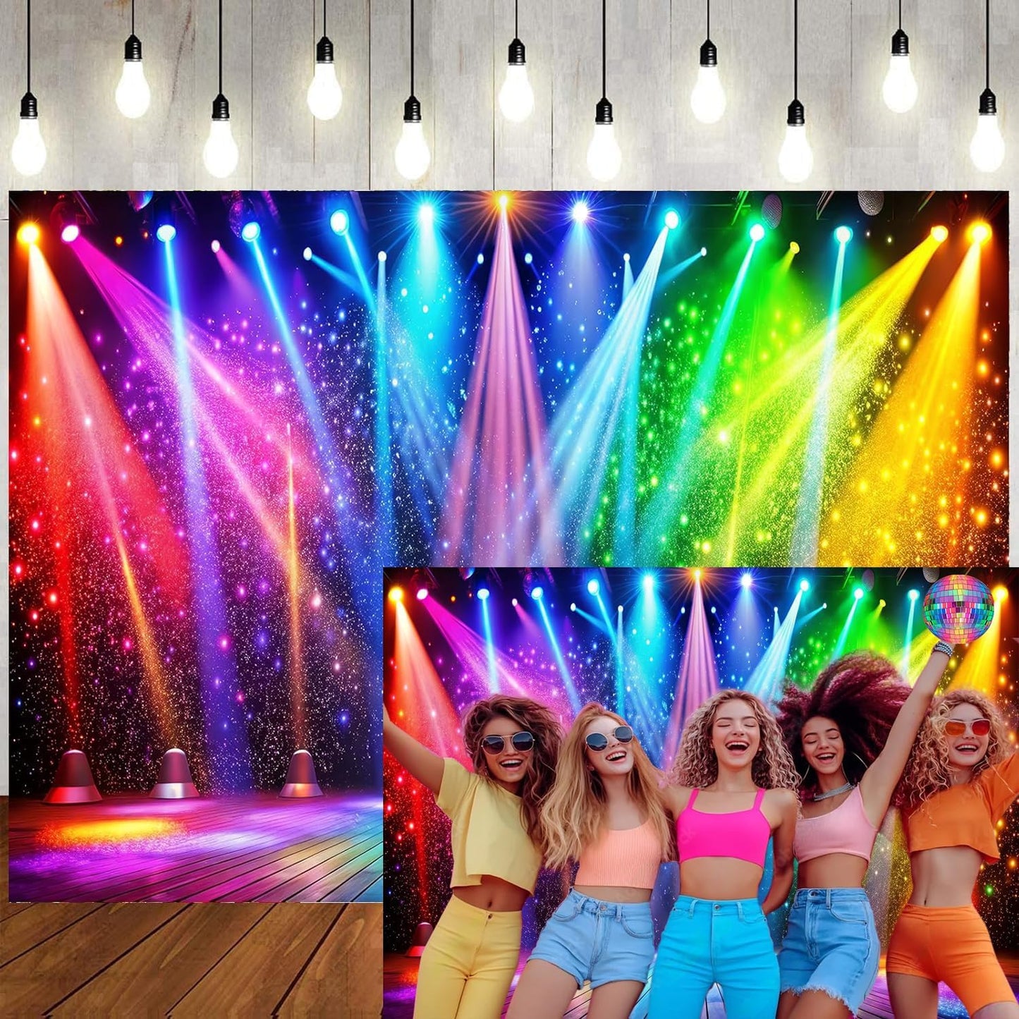 LTLYH 7x5ft Fabric Disco Rainbow Stage 70s 80s 90s Backdrop Vintage Lights Photography Background Rock Music Club Neon Glow Party Decorations Photo Banner 312