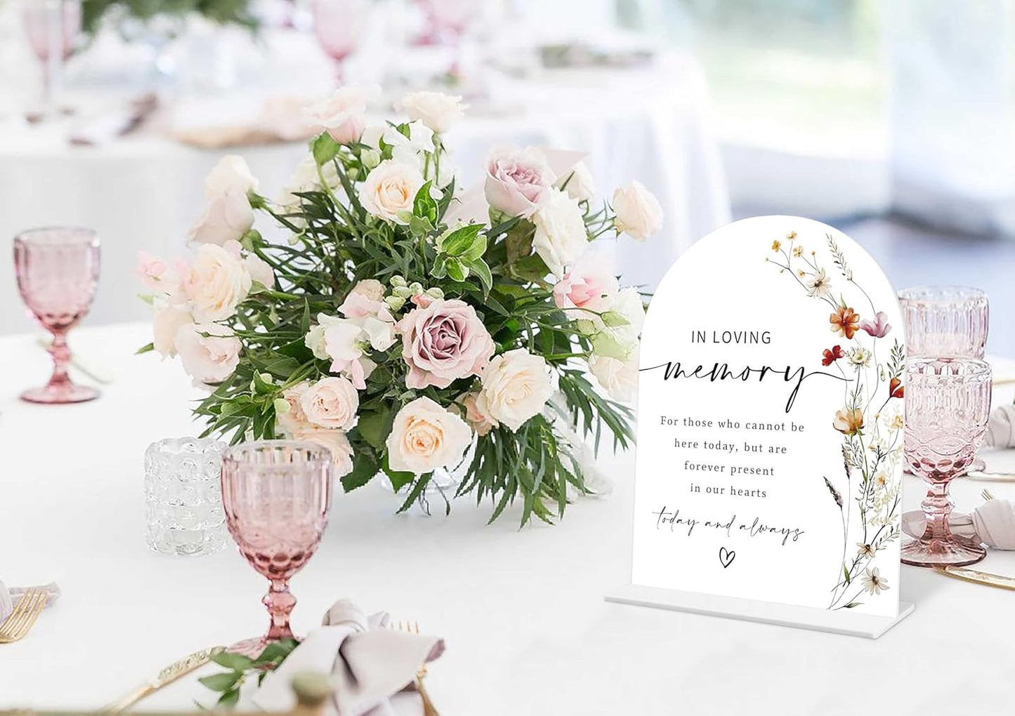 Boho Floral In Loving Memory Sign, 6 x 8 Inch White Arch Acrylic Wedding Sign with Holder, Wedding Sign for Ceremony and Reception, Wedding Decoration, Wedding Supplies - BX04