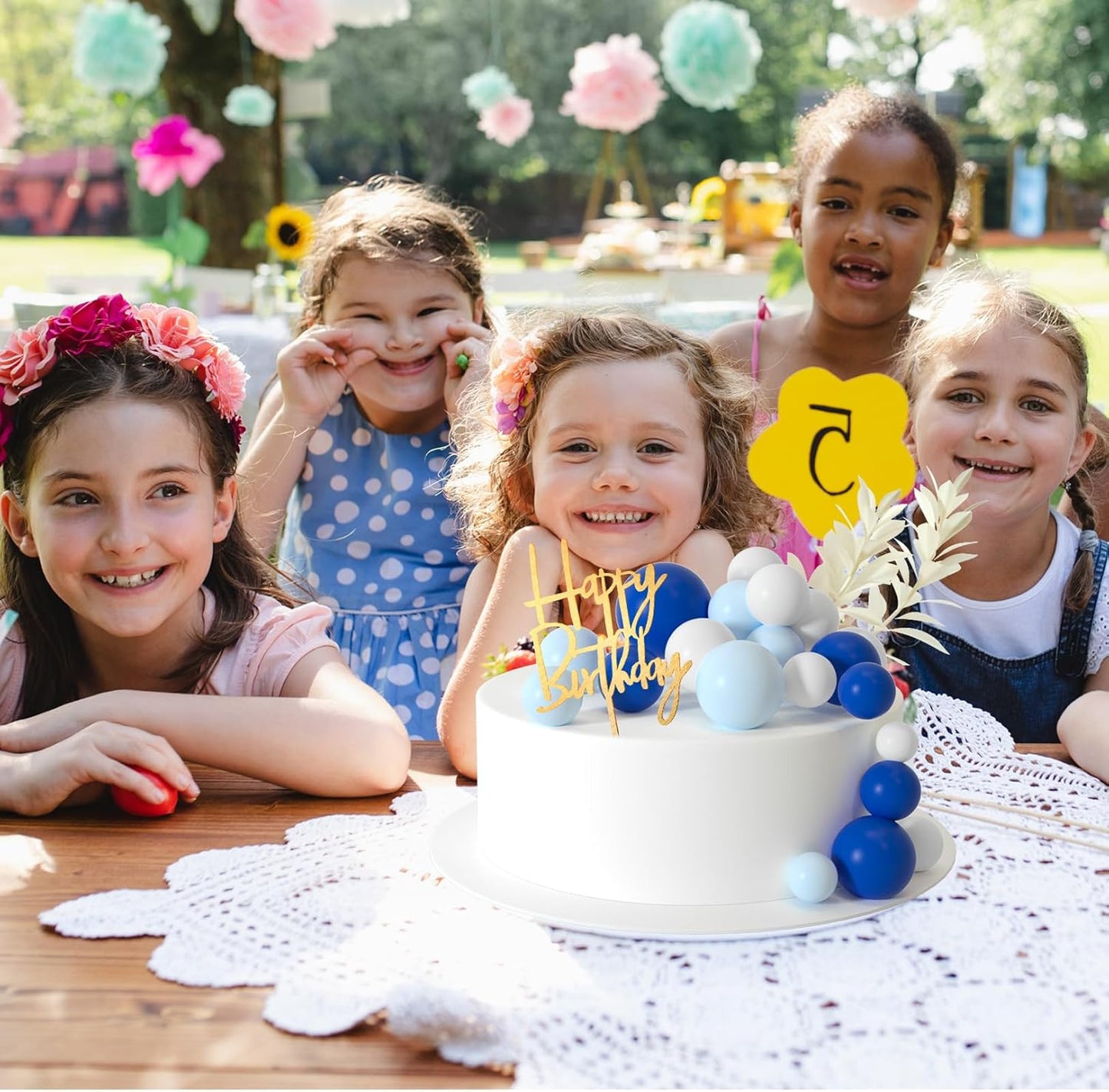 MIAHART Ball Cake Toppers Boho Grass Cake Topper Ball Cake Insert Decoration for Birthday Wedding Baby Shower Party Decorations Boho Themed Party Supplies (blue，white，light blue)