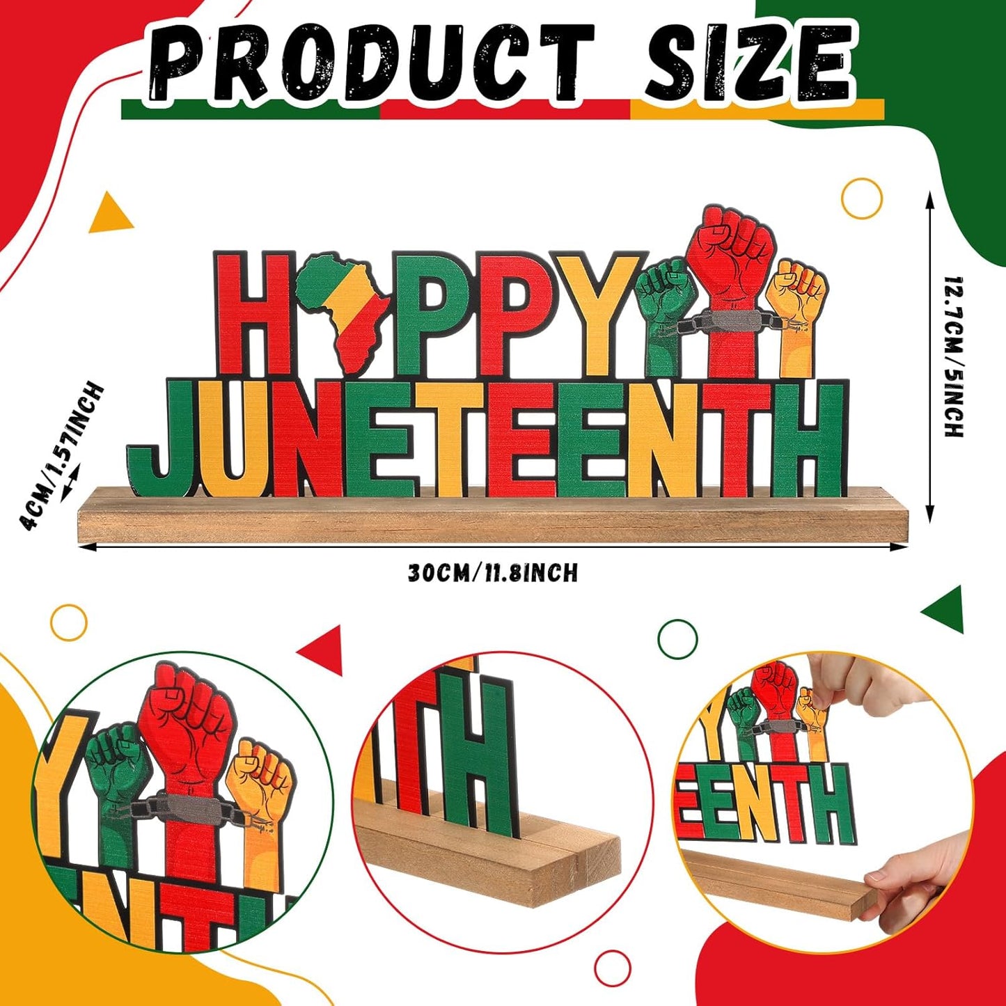 Happy Juneteenth Metal Sign Rustic Table Decor Holiday Tiered Tray Decor with Wooden Base Freestanding Metal Word Sign for Home Tabletop Centerpiece Mantel Shelf Fireplace