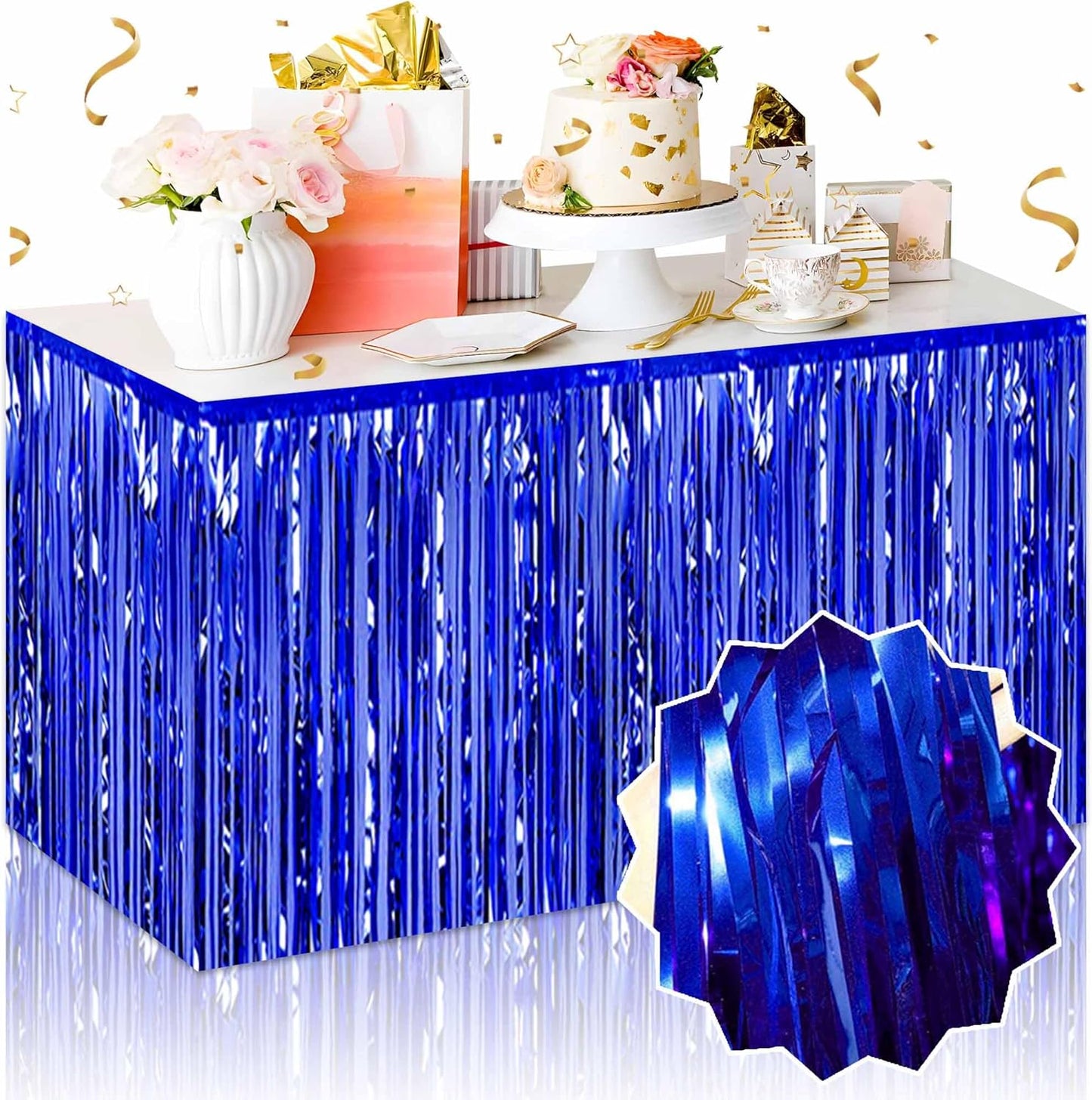 3 Pack 29 x108 Inch Blue Foil Fringe Table Skirts Metallic Banner for Tinsel Streamer Garland Backdrop for Parade Floats Mother's Day, Graduate, Birthday, Wedding Party Decoration