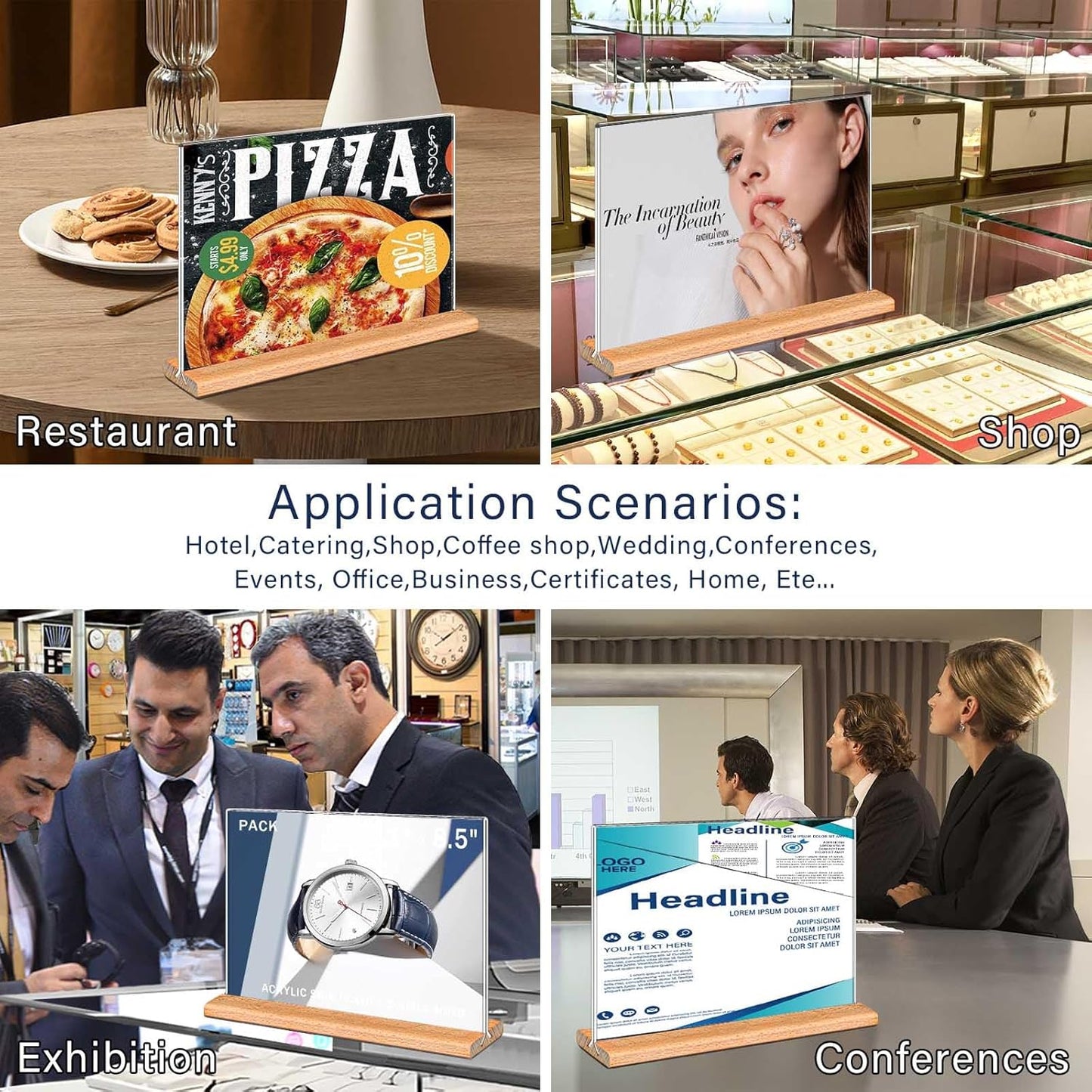 Kersally Acrylic Sign Holder 11 x 8.5'', 4 Pack Double-Sided Clear Table Display Stands with Wood Base,Horizontal Acrylic Frame Menu Flyer Paper Holder for Store, Restaurant, Hotel, Office, Show Fair