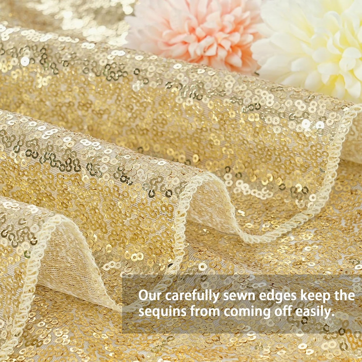 QueenDream Party Tablecloth Light Gold - 90x156 Inch Sequin Fabric Table Cloths Rectangle Cover Birthday Parties Holiday Decorations