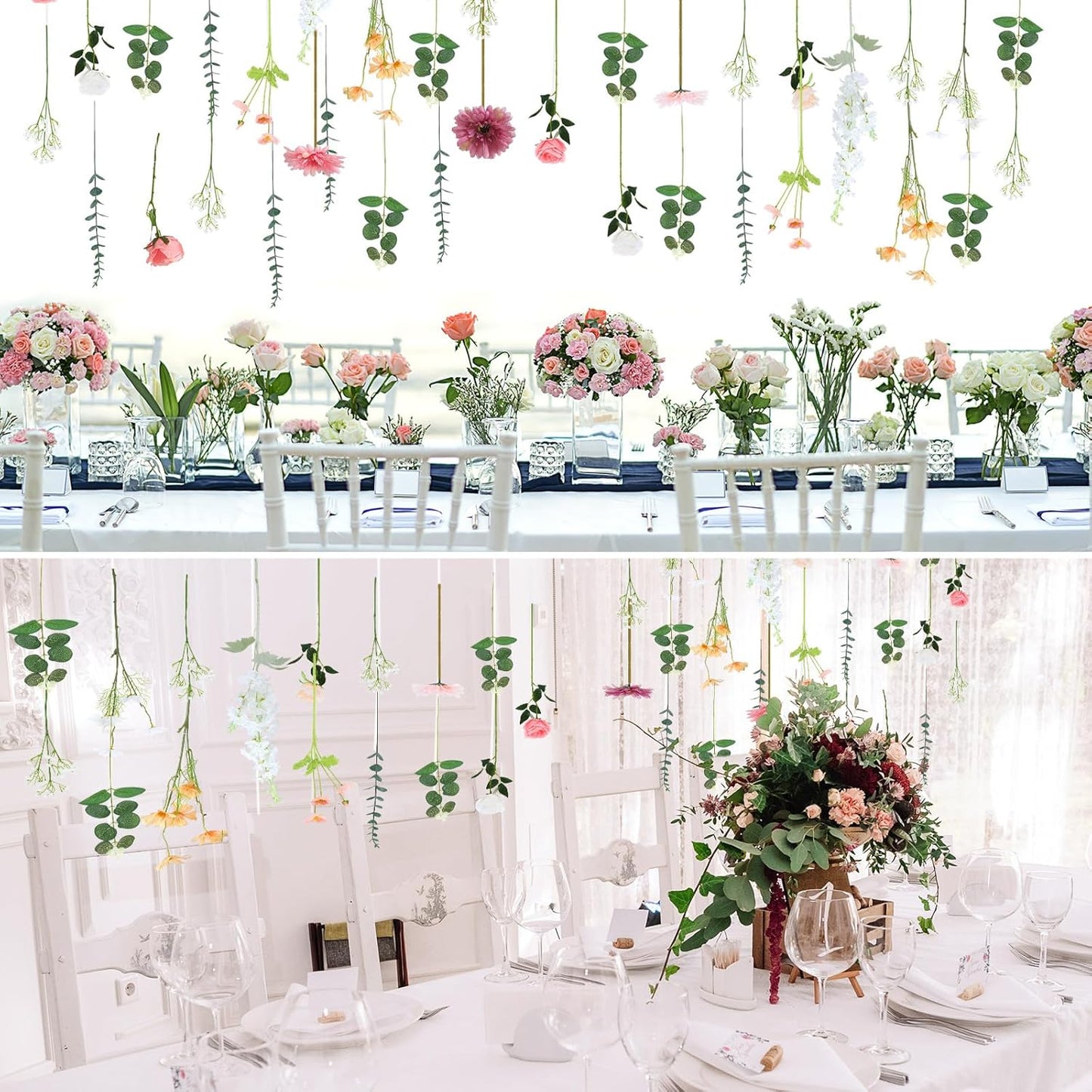 Hoteam 51 Pcs DIY Flower Garland Artificial Hanging Wildflower Backdrop Set Fake Rose Eucalyptus Daisy Poppy Wild Flower Decor for Wedding Party Birthday Home Garden (White,Champagne,Pink)