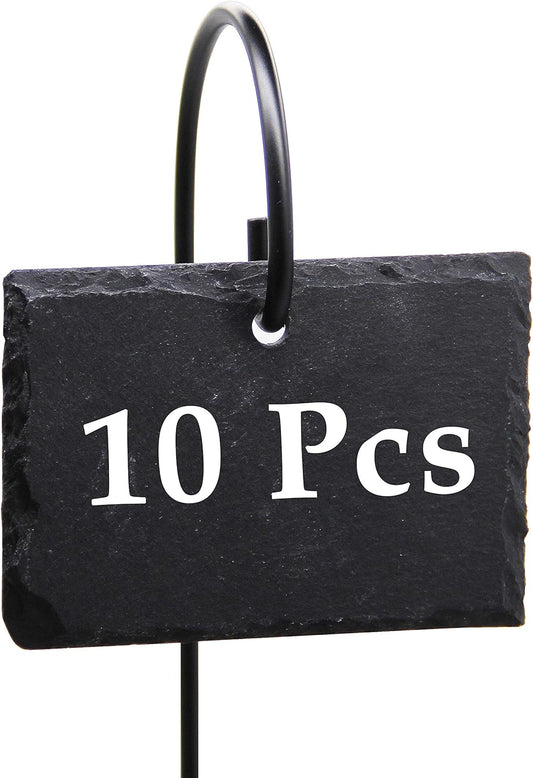 FORUP Plant Labels, 10pcs Garden Markers Signs Labels, Weatherproof Reusable Natural Slate Hanging Tags on Stainless Steel Metal Rod for Flower Bed, Pots, Planters