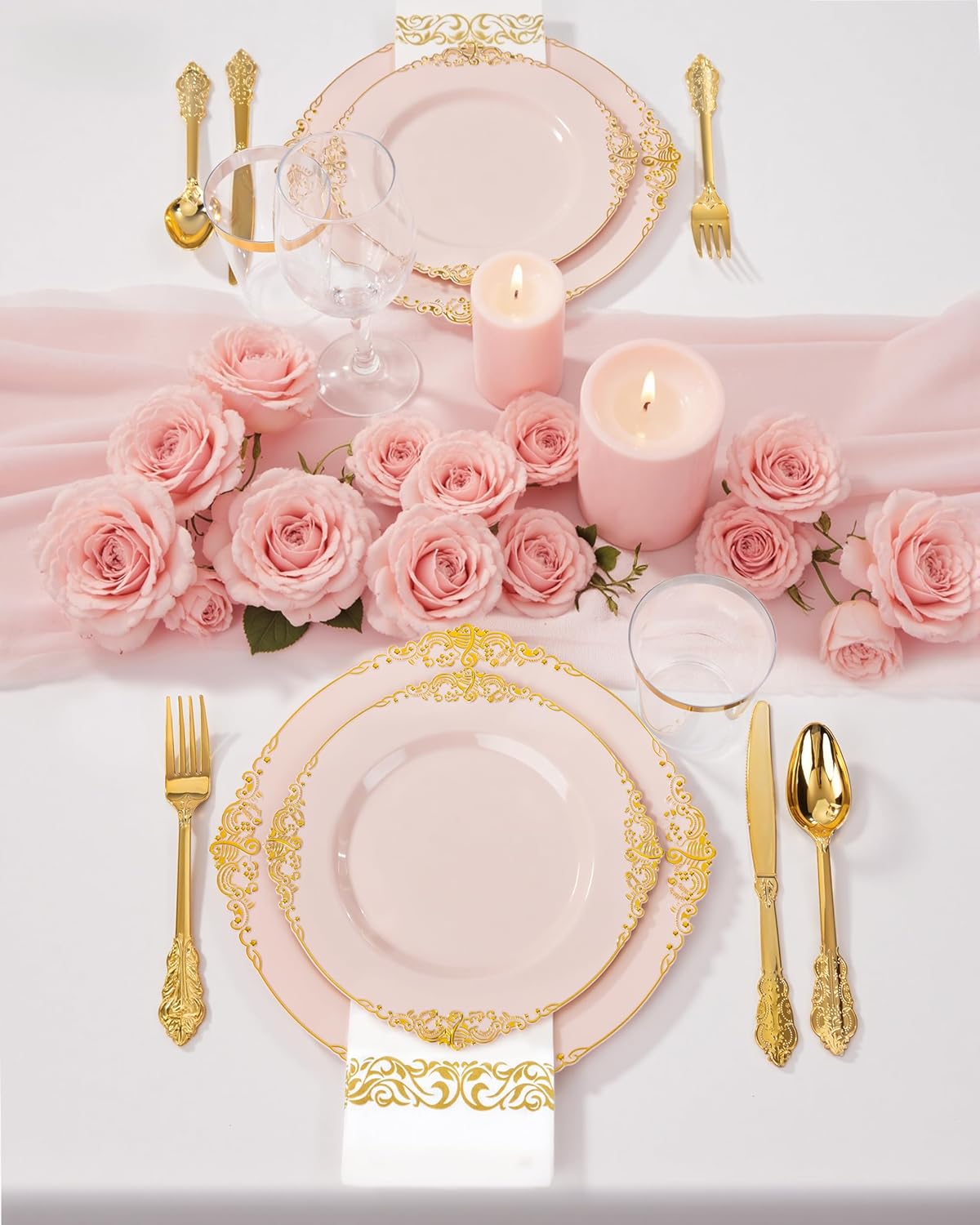 Nervure 350PCS Pink Plastic Plates - Pink Dinnerware Sets for 50 Guests - 100 Disposable Plates, 150 Gold Plastic Silverware, 50 Cups, 50 Napkins for Wedding & Party