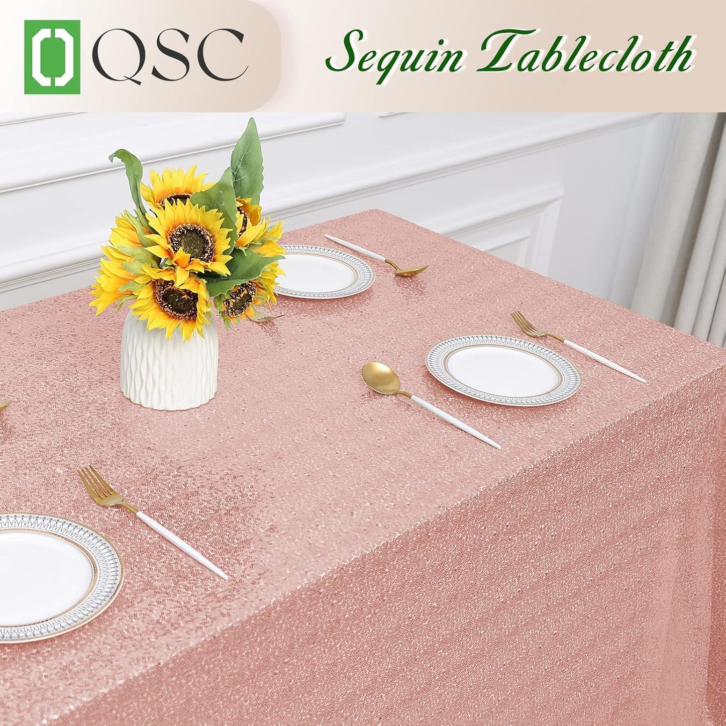 OQSQ Rosegold Rectangle Sequin Tablecloth - 60x102 inch, Glitter Drape Table Cloth, Sparkle Sequence Table Overlays for Wedding Birthday Party Baby Bridal Shower
