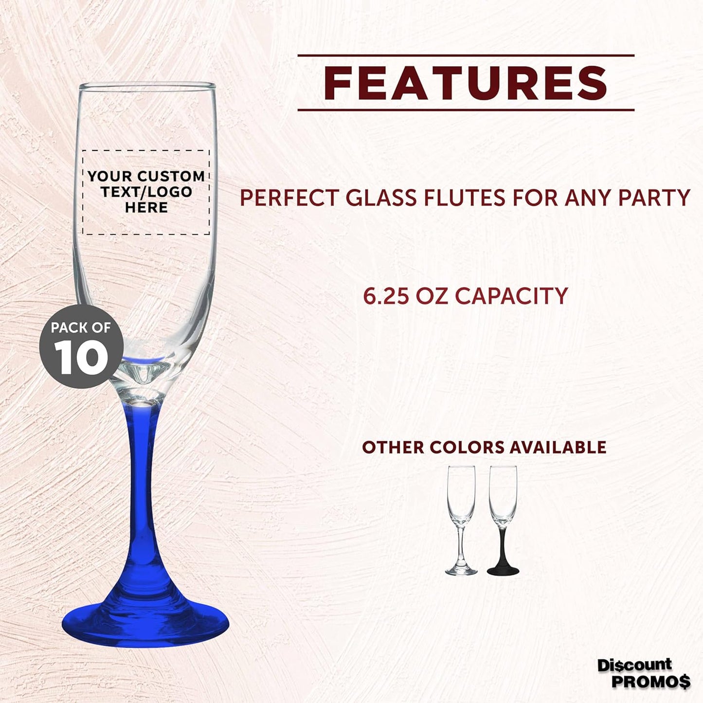 DISCOUNT PROMOS Custom Premiere Champagne Flutes 6.25 oz. Set of 10, Personalized Bulk Pack - Elegant Drinkware for Weddings, Events, & Promotional Gifts - Blue