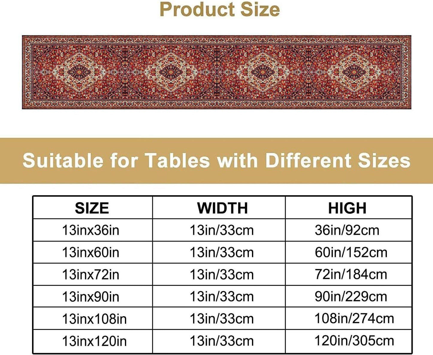 Boho Floral Vintage Table Runner, Paisley Retro Red Flower Rustic Country Farmhouse Abstract Pattern for Home Kitchen Table Decor Dining Coffee Room Party Decor 13x120in