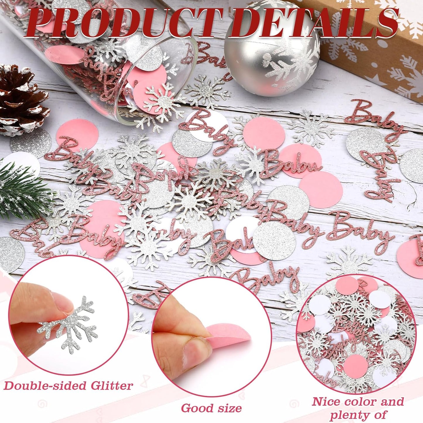 MARFOREVER Winter Baby Shower Table Confetti, 200 Pcs Glitter Pink Silver Snowflake Table Decorations Winter Gender Reveal Sprinkle for Winter Birthday Party Baby Shower Decorations(Pink)