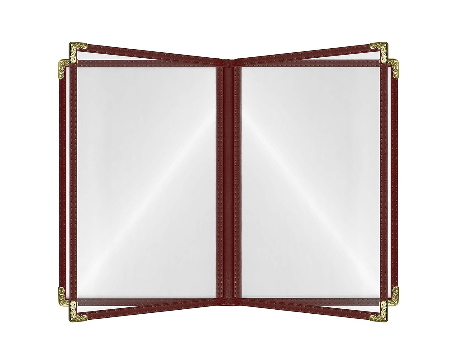 Goodsmart Restaurant Menu Covers – 25 Pack Burgundy 8-View Booklet 8.5" x 14", Side-Loading Vinyl & Plastic Menu Holders, Clear Menu Sleeves, Leather-Style Café Covers with Gold Corners