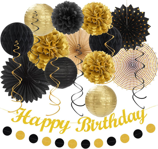 Black Gold Women-Men Birthday Party-decorations - 21pcs Happy Banner,Paper Streamers Lanterns Honeycomb,Tissue Pom Poms Fan,Classroom Birthday Supplies Decor Huglony
