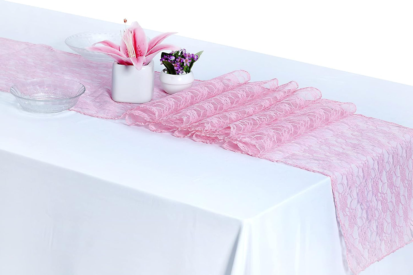 MDS Pack of 10 Wedding 12 x 108 inches Lace Table Runner for Wedding, Decorations for Birthday Parties, Banquets, Graduations, Engagements, and Runners fit Rectangle, Round Table- Blush Pink