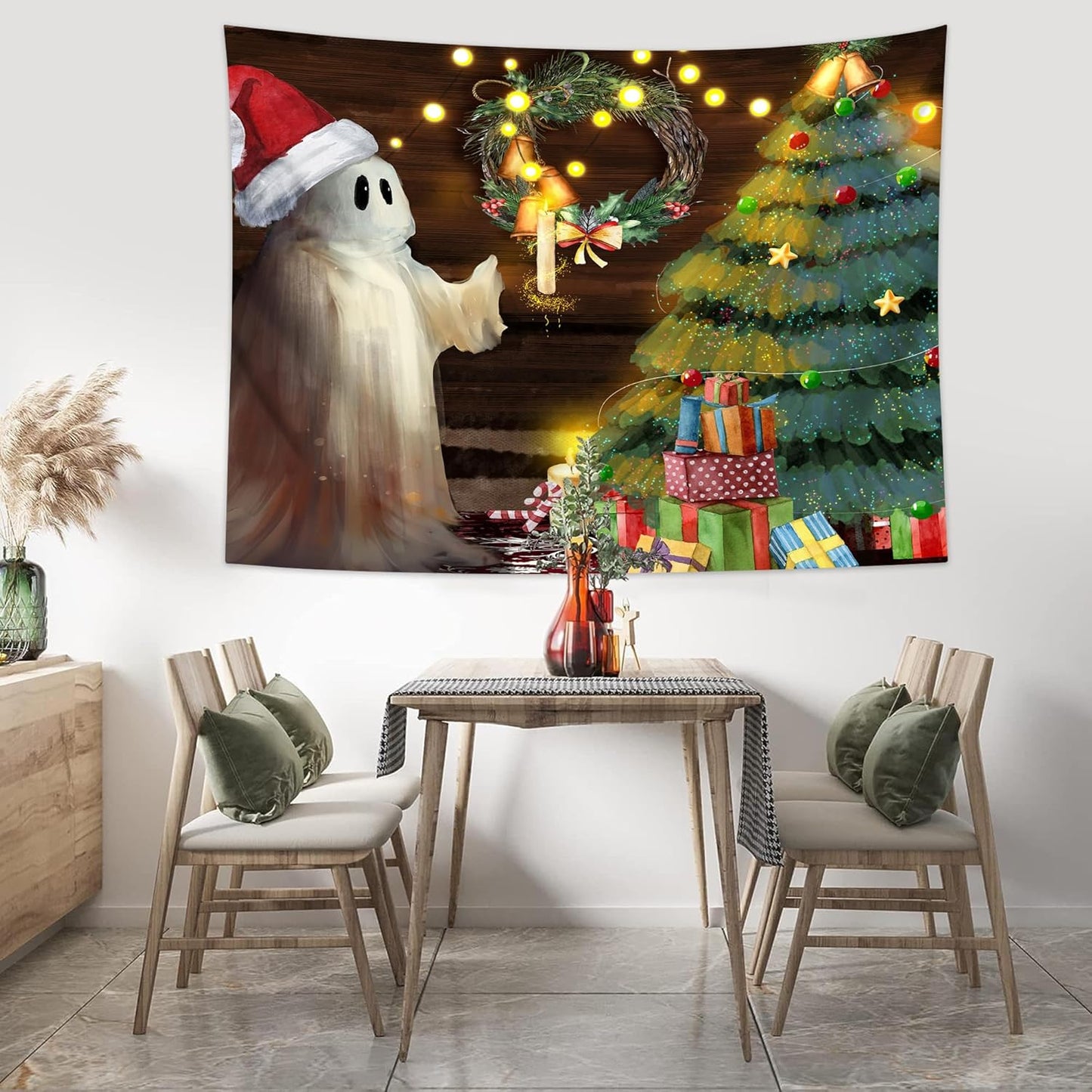 QGHOT Christmas Tapestry Wall Hanging Christmas Tree Backdrop Cute Ghost Wall Decor Xmas Holiday Tapestries for Kids Bedroom Living Room Dorm Party Decoration, Large