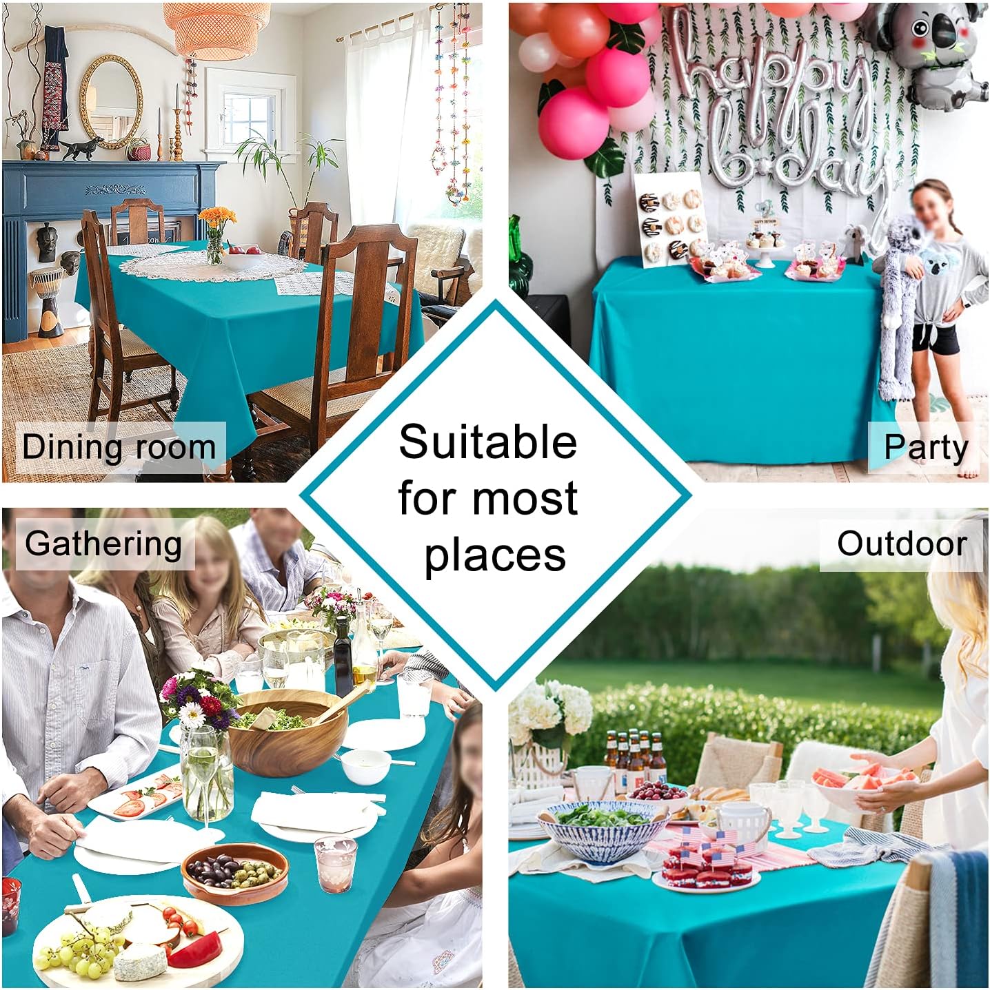 Hiasan 2 Pieces Turquoise Rectangle Tablecloth - Water Resistant and Spillproof Dining Room Washable Fabric Table Cloth for Dining Room, Polyester, 54 x 80 Inch