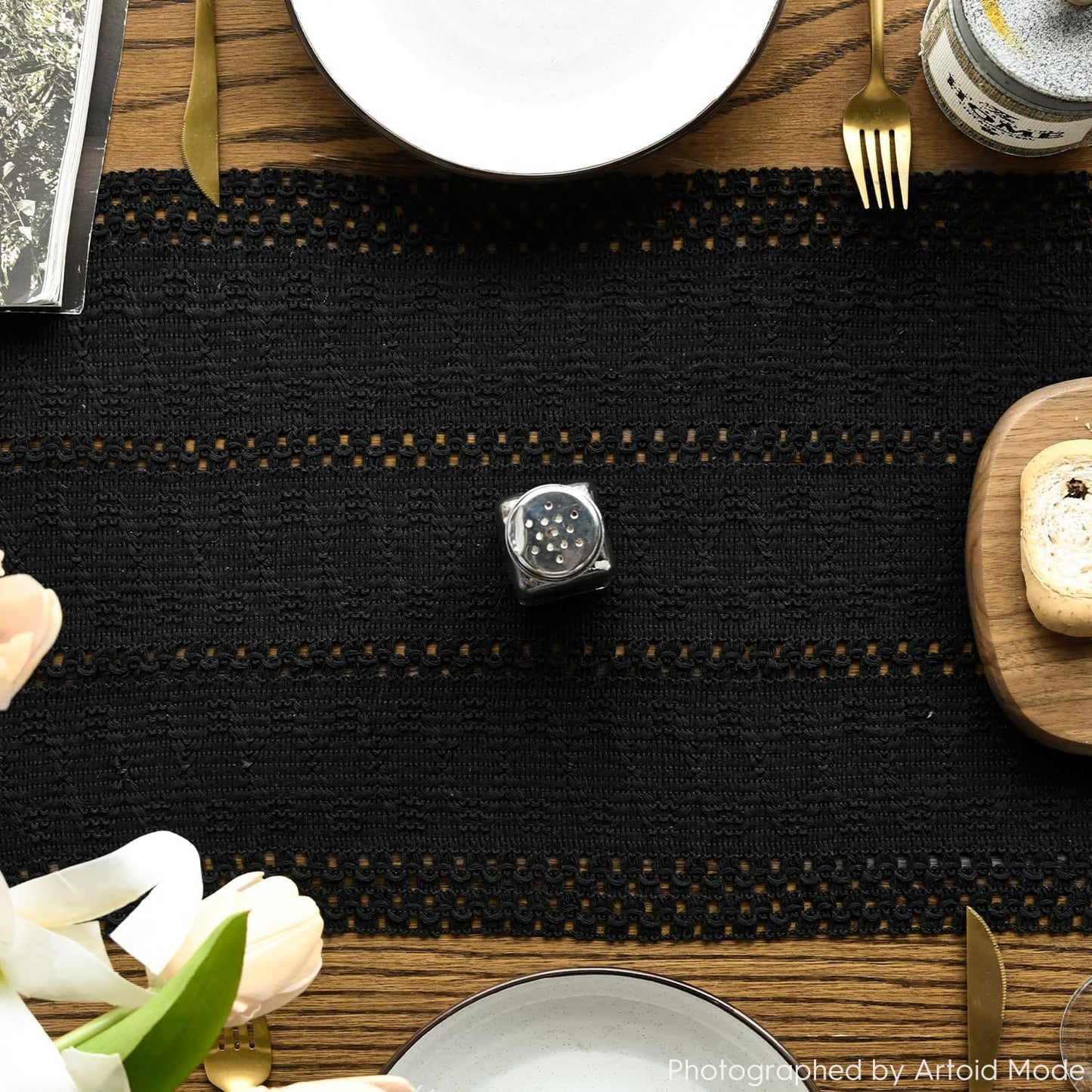 Artoid Mode Black Farmhouse Woven Rustic Hollow Table Runner, Seasonal Holiday Hollow Kitchen Dining Table Decoration for Home Party Decor 12x60 Inch