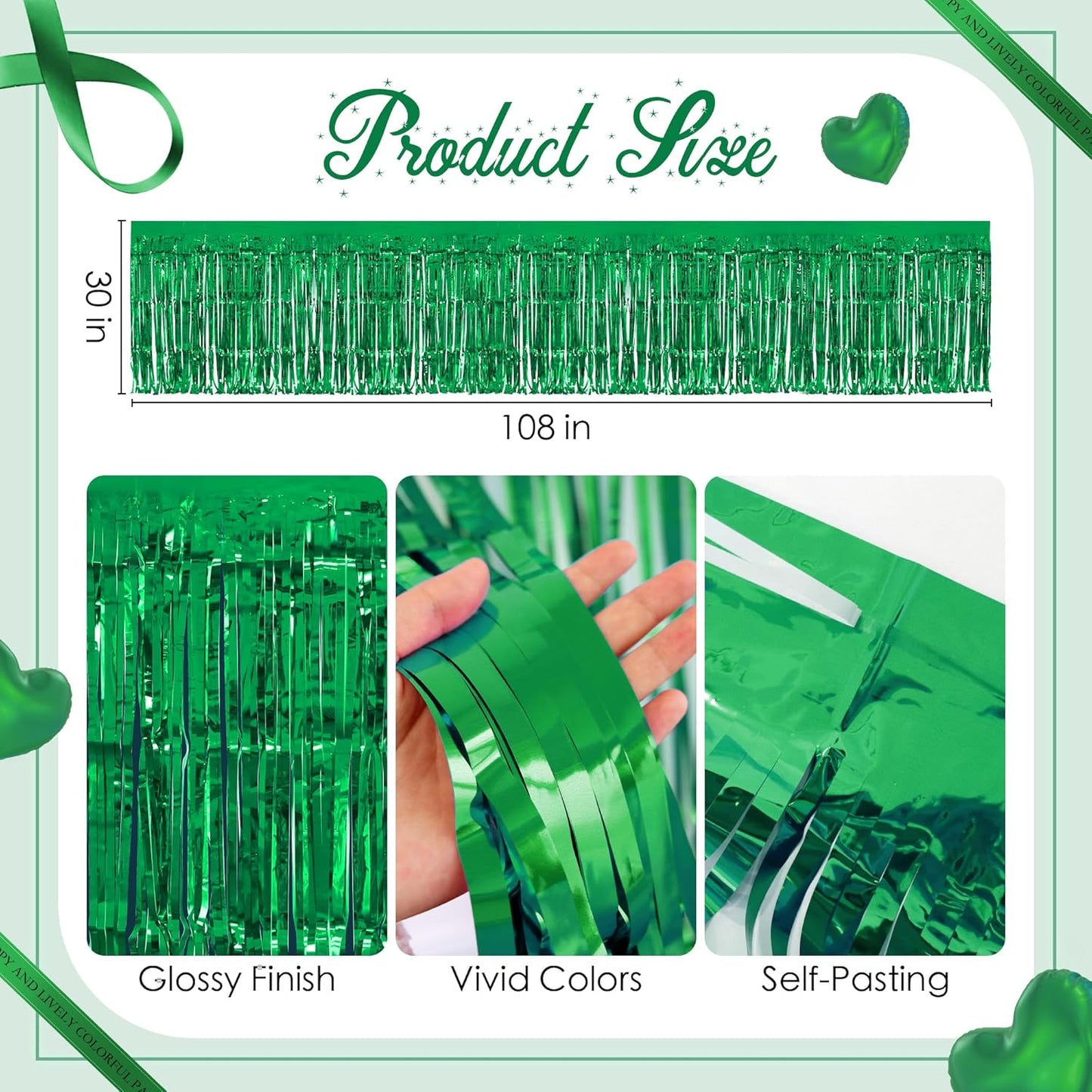 2 Pack Green Table Skirts, 29x108" Metallic Foil Tinsel Fringe Table Skirts for Rectangle Tables Streamer Curtains Backdrop, Party Decorations for Birthdays Weddings Holidays