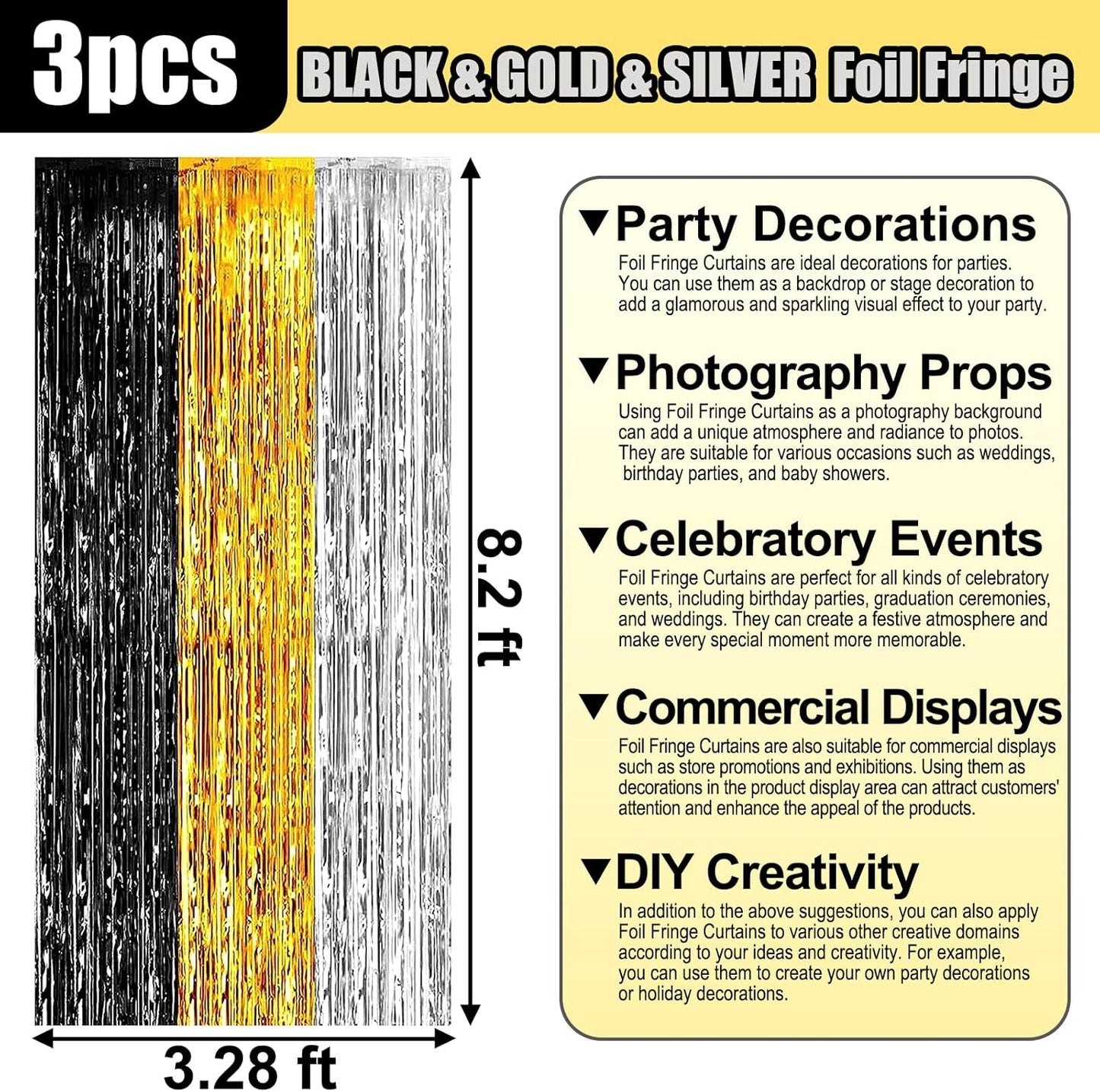 3 Pack Black Gold Silver Foil Fringe Curtain Backdrop, 3.28Ft x 8.2Ft Metallic Tinsel Foil Fringe Streamer Curtains for Photo Booth, Christmas Day, Thanksgiving, Wedding, New Year Party Decorations