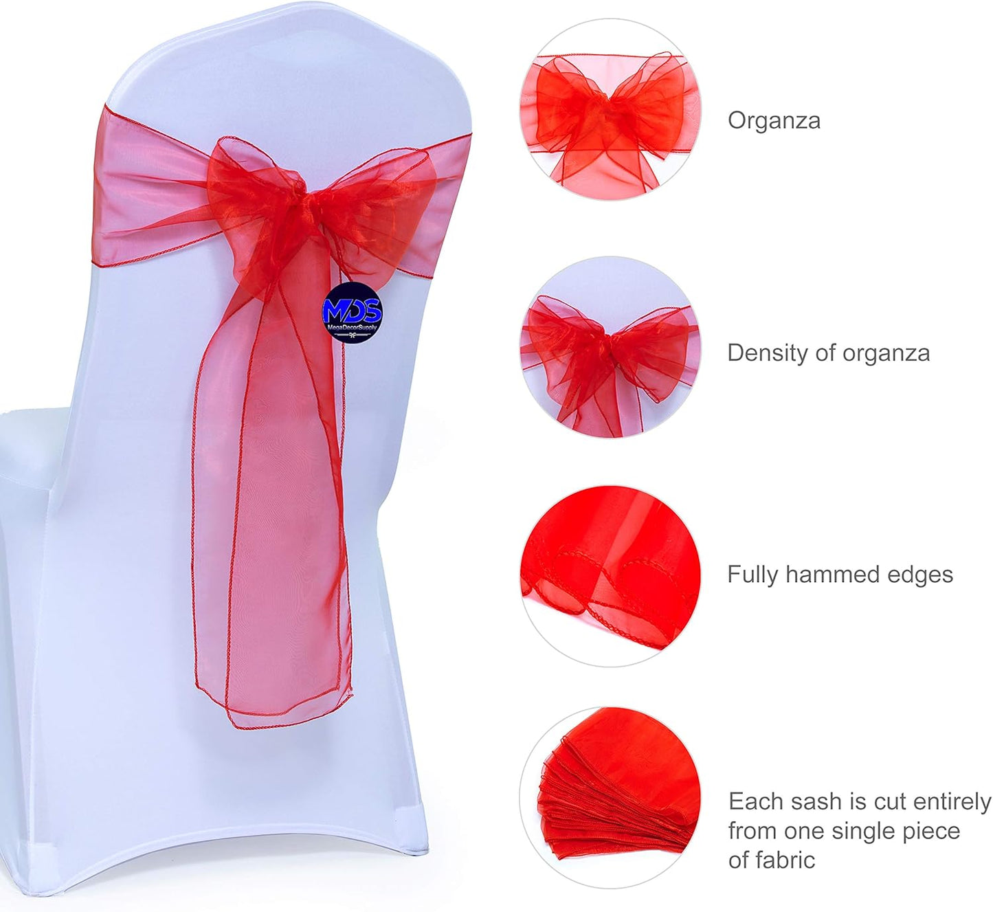 MDS Pack of 250 PCS Organza Chair Sashes Wider Dining Chair Bows Ribbon Tie Back for Wedding Party Birthday Bridal Shower Reception Event Banquet Home Chair Cover Decoration - Red