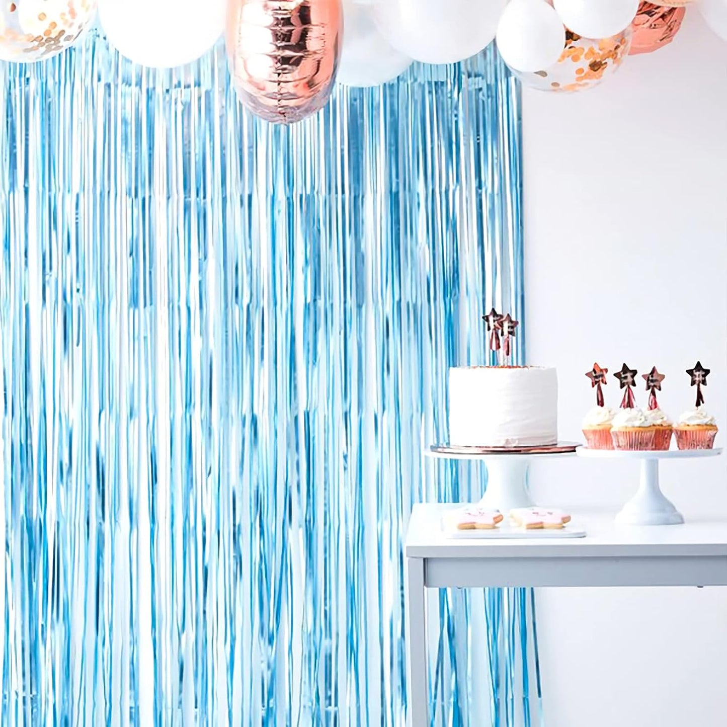 2 Pcs Light Blue Metallic Tinsel Foil Fringe Curtains Backdrop, 3.28 ft x 6.56 ft Streamers for Birthday Wedding Engagement Bachelorette Party Photo Booth Bridal Shower Baby Shower Decoration Supplies