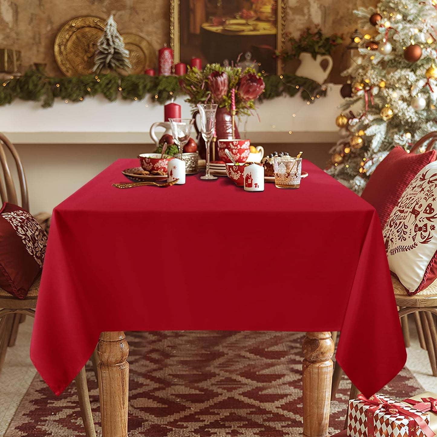 sancua 2 Pack Red Tablecloth 60 x 84 Inch, Rectangle 4 Feet Christmas Table Cloth - Stain and Wrinkle Resistant Washable Polyester Table Cover for Dining Tables, Buffet Parties and Camping