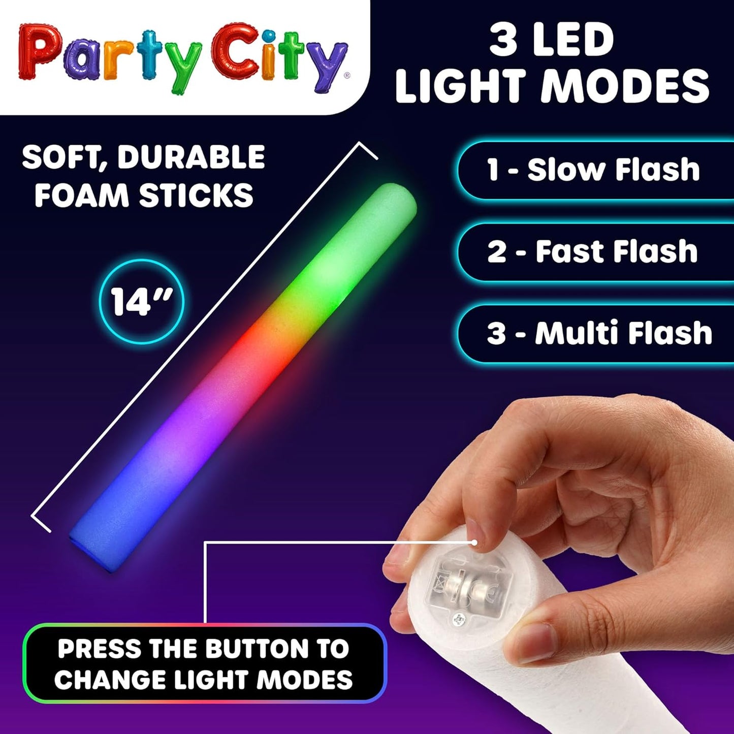 Party City 48pk LED Foam Glow Sticks 14”- Glow in the Dark Party Supplies Favors, Colorful Flashing Wand with 3 Modes, Foam Light Up Sticks Bulk Party Pack for Wedding, Birthday, Concert, Halloween