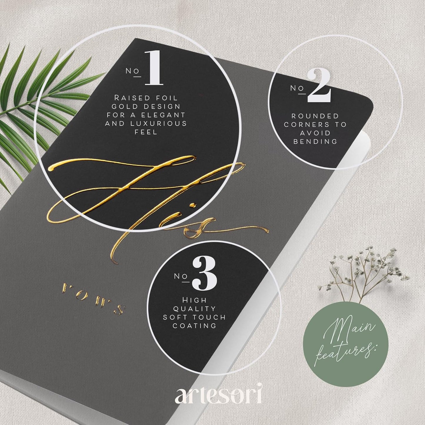 ARTESORI Wedding Vow Book for Her & Him, Soft Touch, Gold Engraving, 28 Lined Pages, Wedding Vow Books His and Hers, Wedding Essentials, Wedding Registry Gifts, His and Hers Gifts [Sage & White]