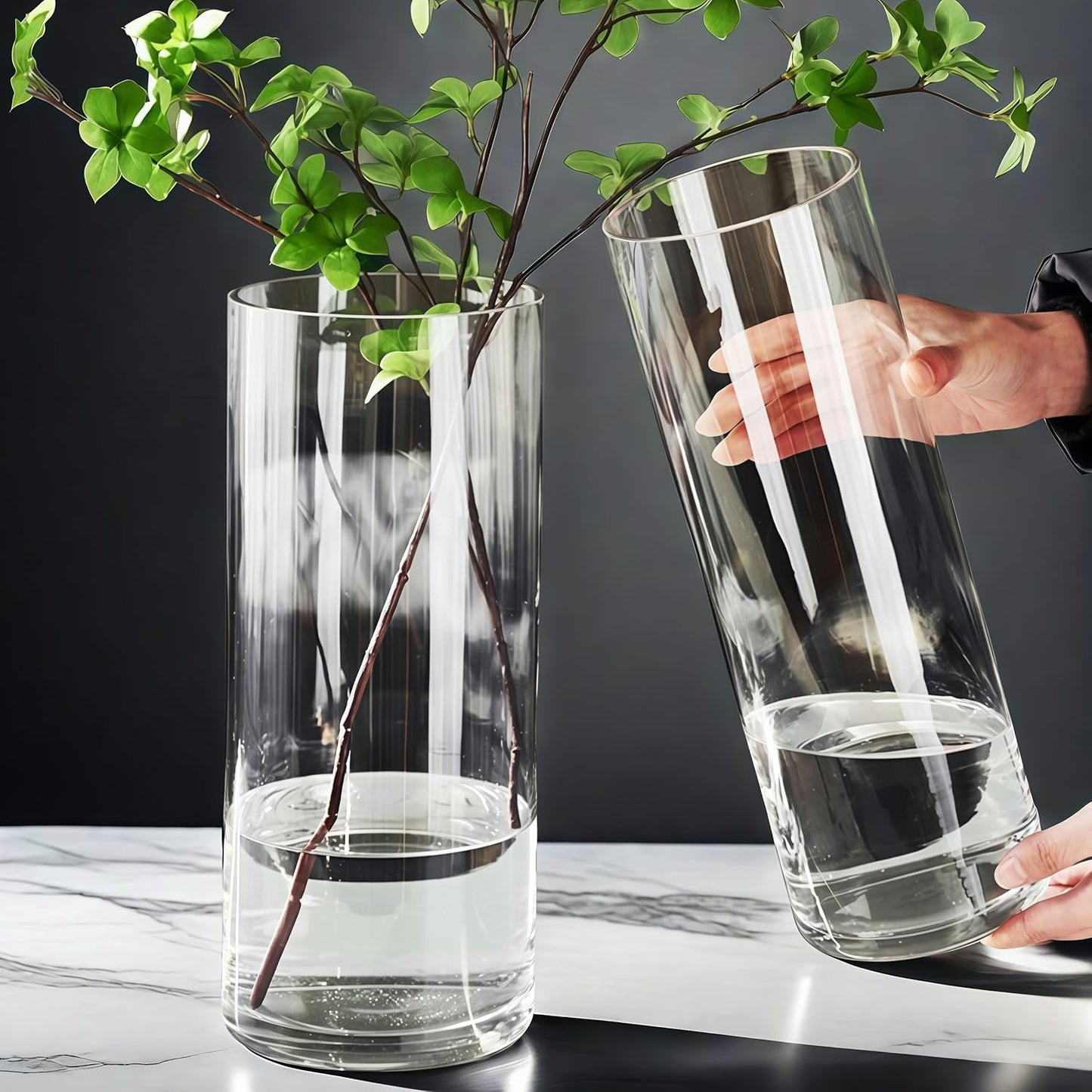 2 Acrylic Cylinder Clear Vase for Centerpieces, Tall Large Unbreakable Plastic Flower Vases for Home Decor (D 4.8" X H 7.8" - H 12" + 2 Holder)