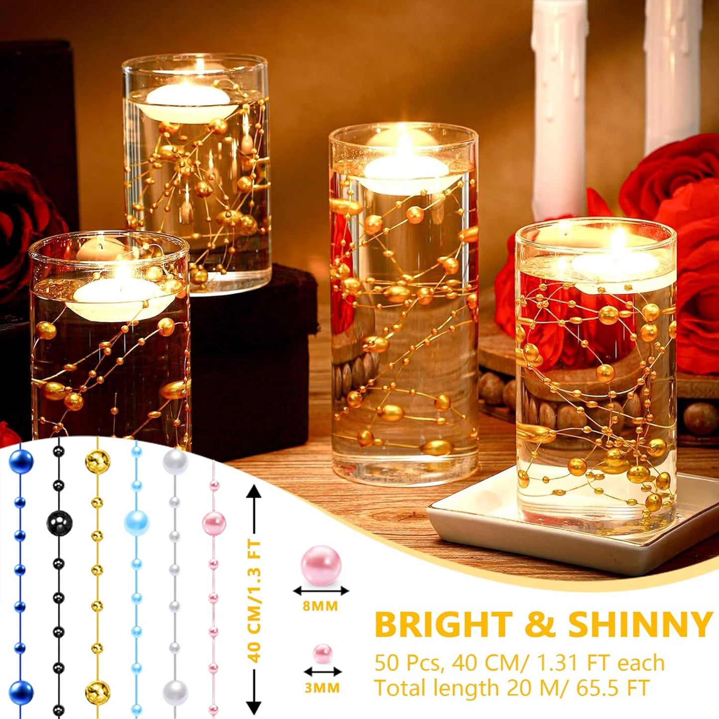 50 PCS Artificial Floating Beads for Centerpieces Vases, Yellow 8+3mm String Beads for Wedding Party Faux Pearl String for Decorating, String Pearls for Crafts Vase Filler