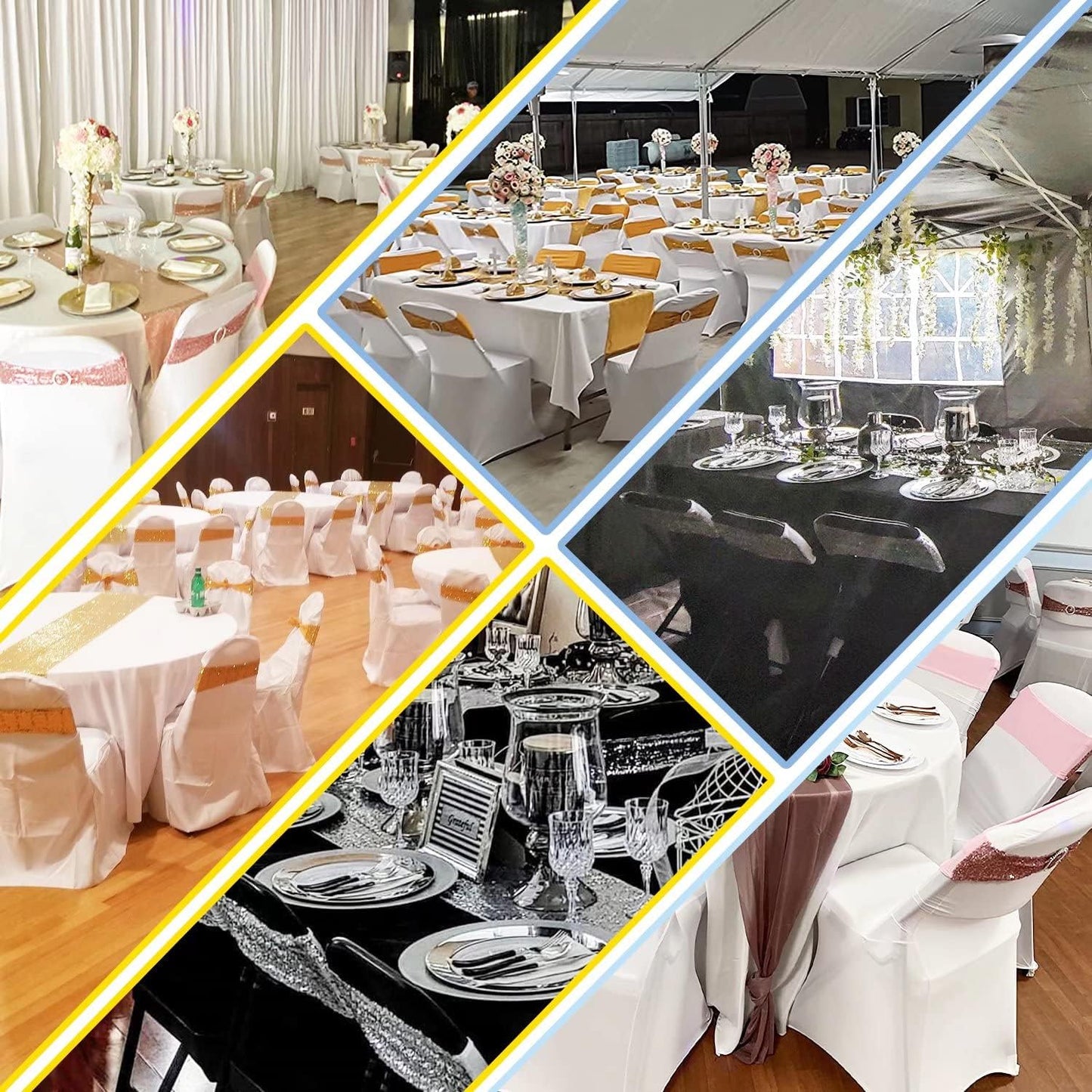 Sequin Chair Sashes Stretch Chair Bands Spandex Polyester Bows for Party Hotel Wedding Banquets Decoration - 6 Pcs White
