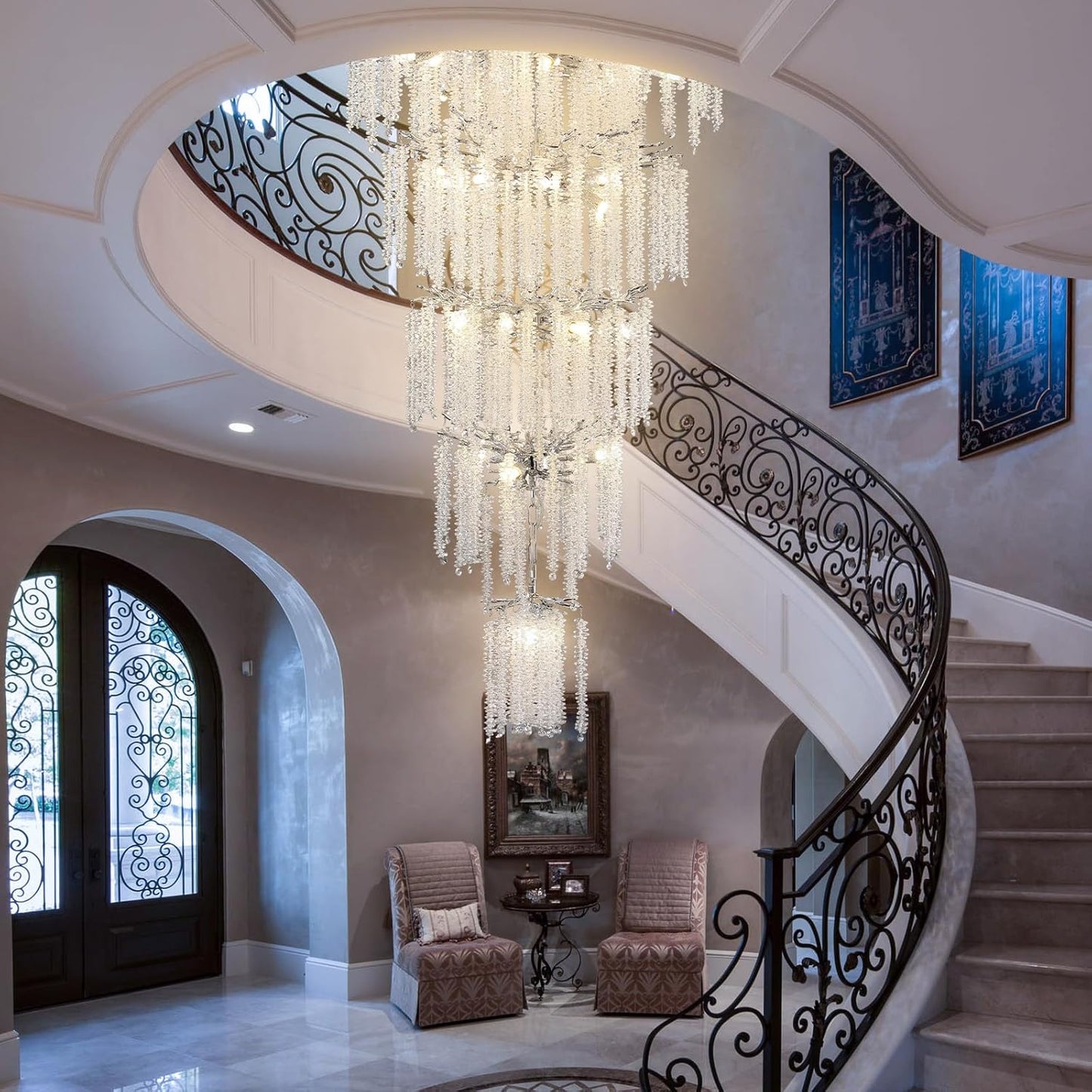 YUYI 118'' Modern Crystal Chandelier, Silver Chandelier for Entryway, Large Tree Branch Chandeliers for High Ceilings, Staircase, Foyer, Living Room, 28-Light 5-Tier Hanging Light Fixture