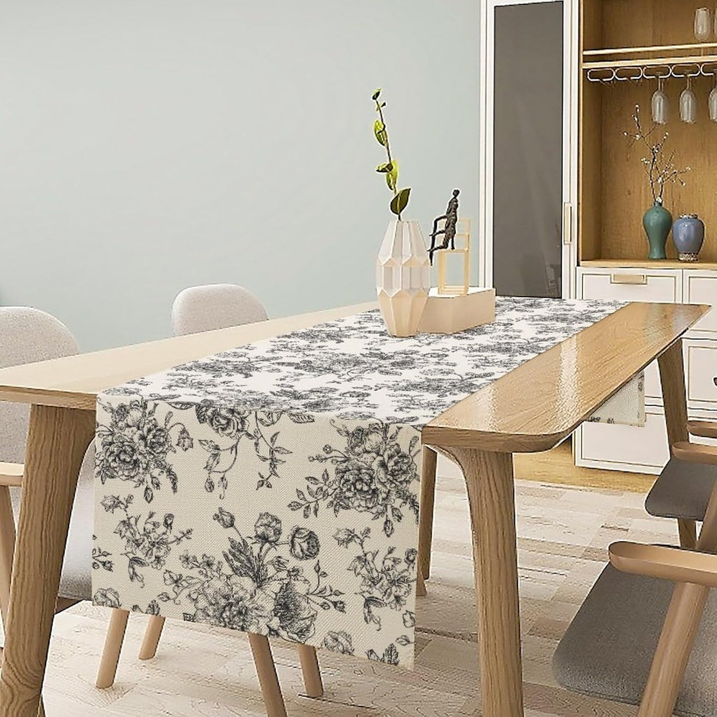 Vintage Flower Table Runner, Black White Wildfloral Floral Sketch Print Kitchen Dinning Table Runner for Indoor Outdoor Home Wedding Party Holiday, 13x70 Inch