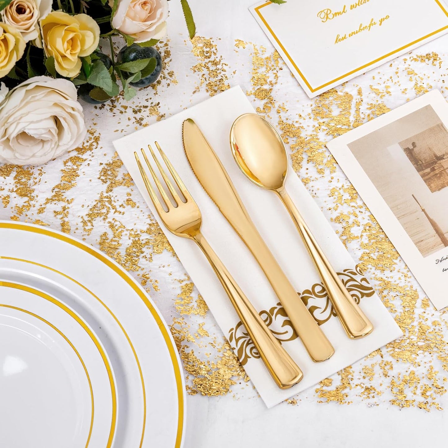 NOCCUR 700PCS Gold Disposable Dinnerware Set for 100 Guests - Plastic Plates for Party - Include 200 Gold Dinner/Dessert Plates, 100 Napkins, 100 Cups, 300 Plastic Silverware - Ideal for Wedding&Party