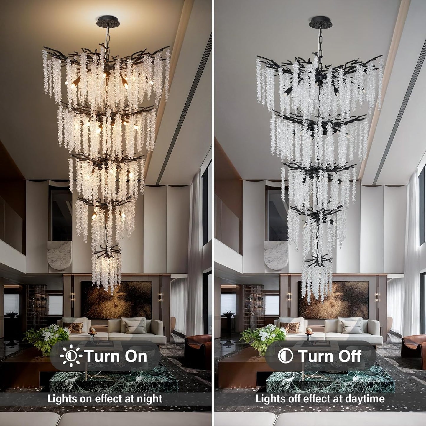 118'' Black Branch High Ceiling Chandelier, 28-Light Modern Long Tree Chandeliers, 3CCT Dimmable, Large Luxury Foyer Chandelier, Raindrop K9 Crystals Fixtures for Staircase, Entryway, Living Room