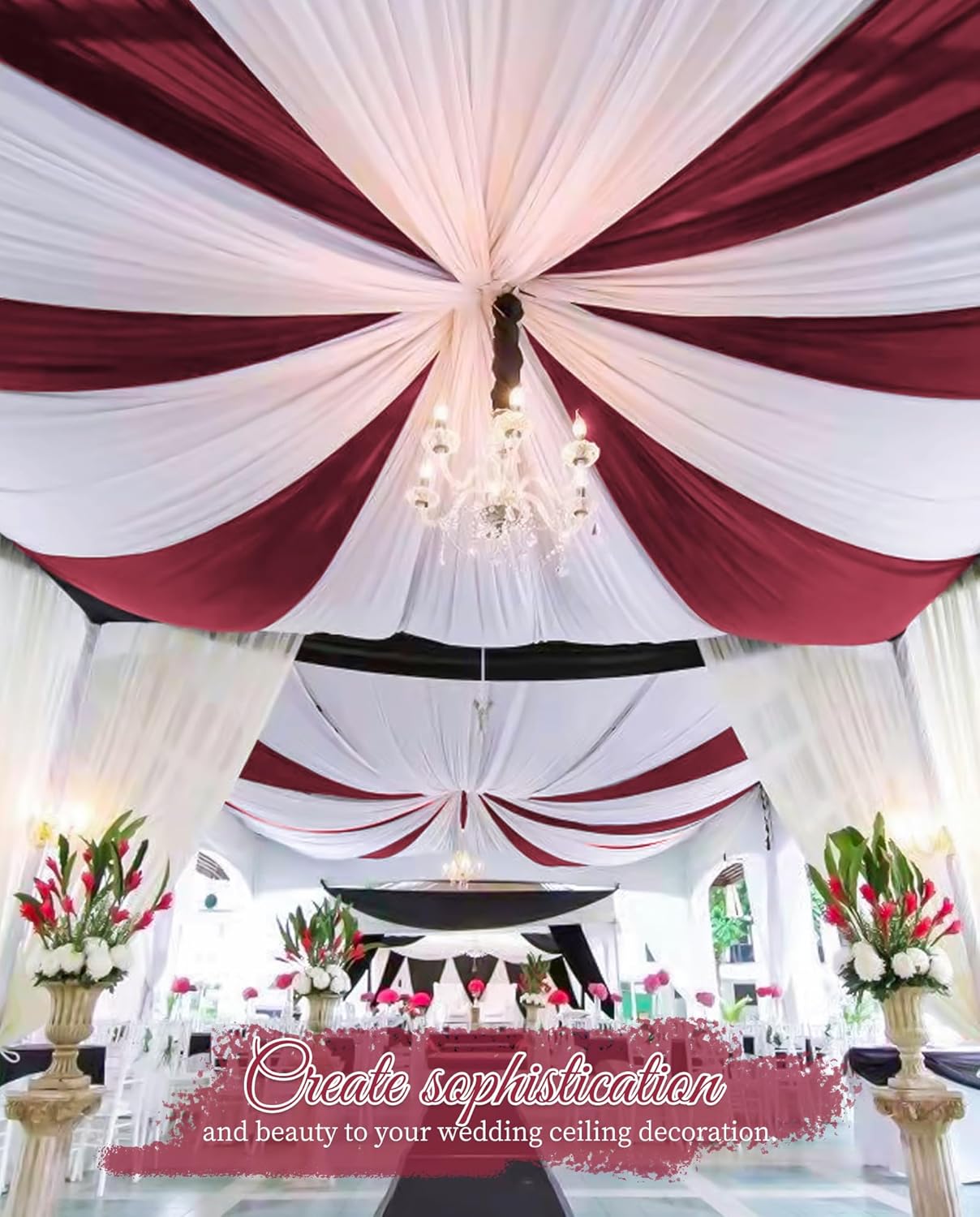 6 Panels Burgundy Wedding Ceiling Drapes 5ftx20ft Ceiling Drapes Chiffon Fabric Arch Draping Sheer Curtains Soft Drapery Draping Wedding Ceiling Decorations for Party Ceremony Stage Swag