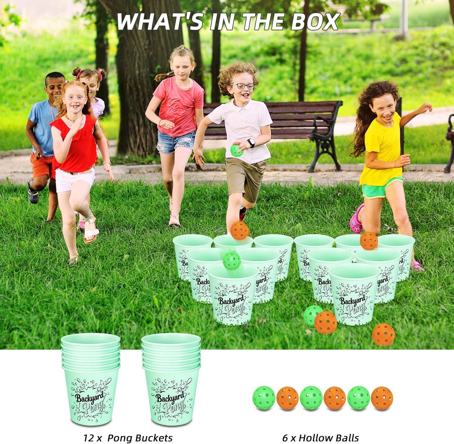 Mostop Yard Pong Game Set Glow in Dark with 12 Buckets, 6 Balls, Carrying Bag - Throwing Game for Adults Family Party - Outdoor Games for Beach, Camping, Lawn and Backyard