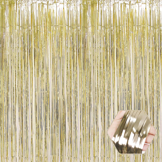 3 Pack Light Gold Foil Fringe Curtain Backdrop, 3.28Ft x 8.2Ft Metallic Tinsel Foil Fringe Streamer Curtains for Photo Booth, Christmas Day, Thanksgiving, Wedding, New Year Party Decorations